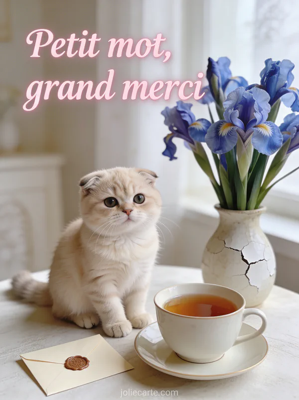 Chat scottish fold crème assis près d'une tasse de thé et d'une lettre cachetée avec des iris bleus et le texte Petit mot grand merci