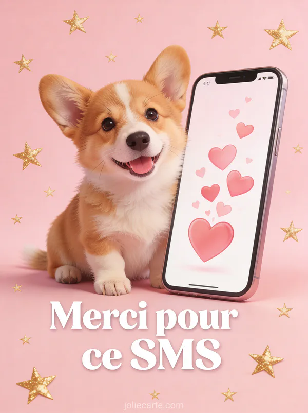 Illustration d'un chien corgi souriant à côté d'un téléphone avec des coeurs, texte Merci pour ce SMS sur fond rose pastel