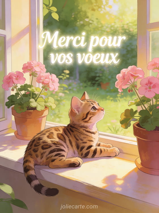 Adorable chat bengal allongé sur un rebord de fenêtre avec des géraniums roses et le texte Merci pour vos voeux