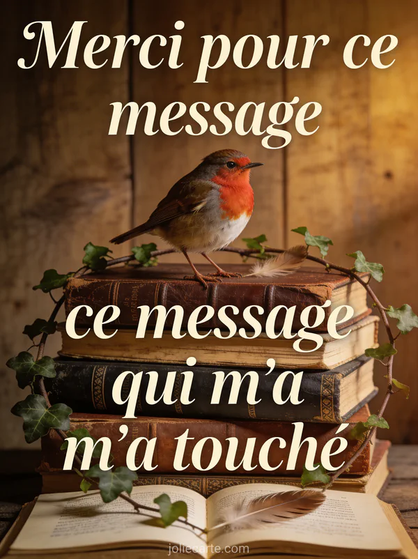 Rouge-gorge posé sur une pile de livres anciens reliés avec du lierre et le texte Merci pour ce message qui m'a touché