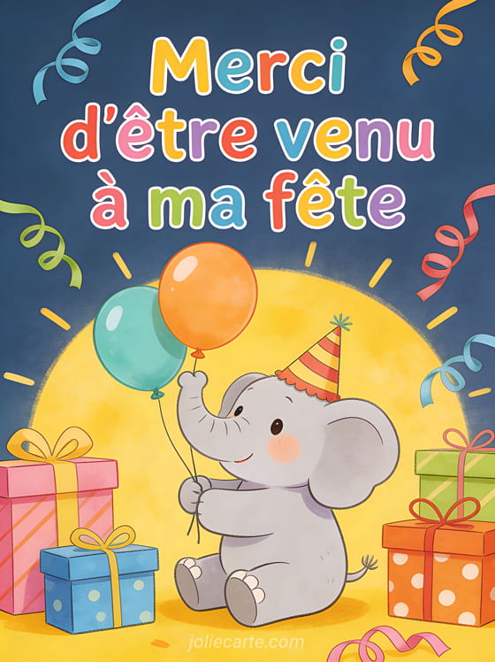 Illustration joyeuse d'un éléphant gris avec un chapeau de fête tenant un ballon, entouré de cadeaux et serpentins sur fond jaune