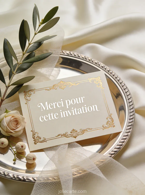 Carton d'invitation vintage orné de dorures sur plateau argent avec branche d'olivier et roses, texte Merci pour cette invitation