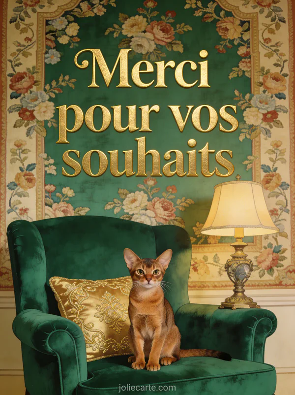 Chat abyssin assis sur un fauteuil en velours émeraude avec le texte Merci pour vos souhaits en lettres dorées
