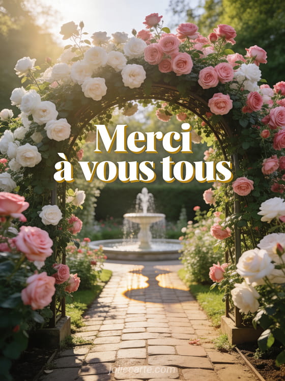 Jardin de roses en floraison avec arche de roses grimpantes roses et blanches et le texte Merci à vous tous