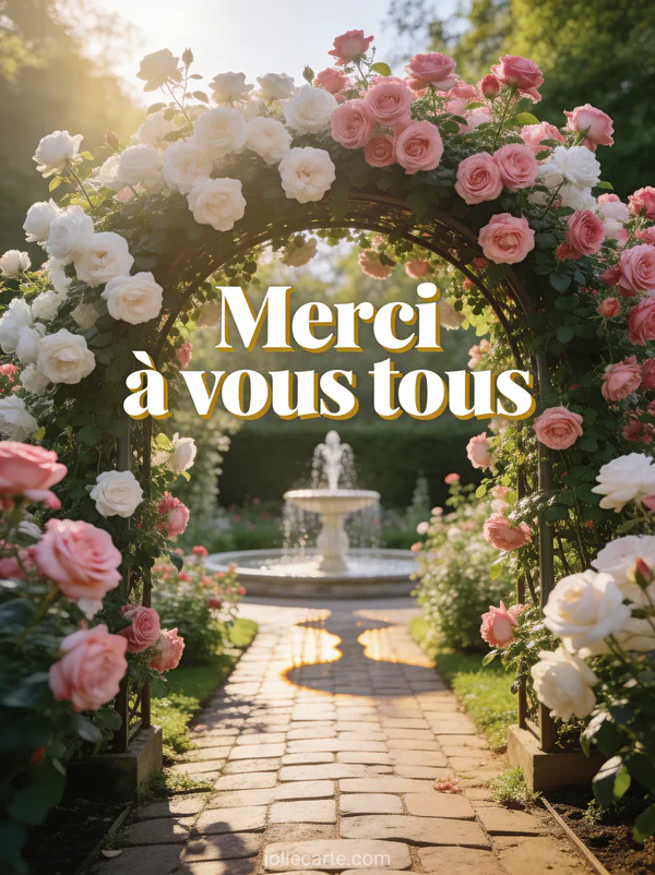 Jardin de roses en floraison avec arche de roses grimpantes roses et blanches et le texte Merci à vous tous