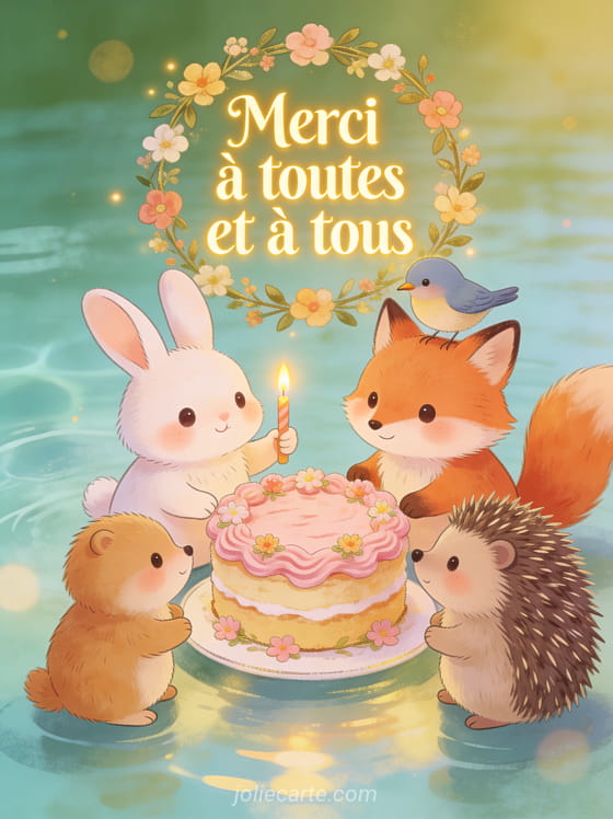 Illustration d'un lapin, un renard, un oiseau et un hérisson réunis autour d'un gâteau avec le texte Merci à toutes et à tous