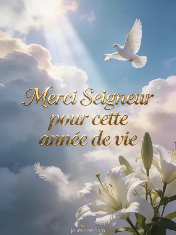 Rayon de lumière céleste traversant des nuages avec colombe blanche et lys blancs et le texte Merci Seigneur pour cette année de vie