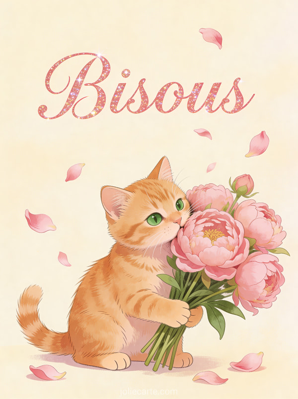 Chaton roux aux yeux verts frottant sa joue contre un bouquet de pivoines roses avec le texte Bisous