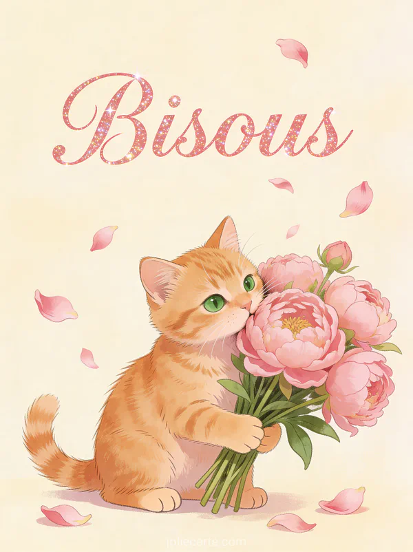 Chaton roux aux yeux verts frottant sa joue contre un bouquet de pivoines roses avec le texte Bisous