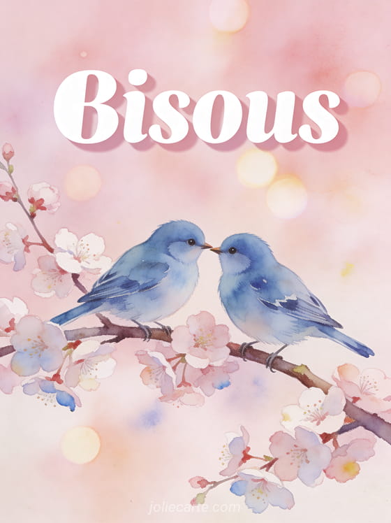 Deux mésanges bleues se donnant un bec sur une branche de cerisier en fleurs avec le texte Bisous