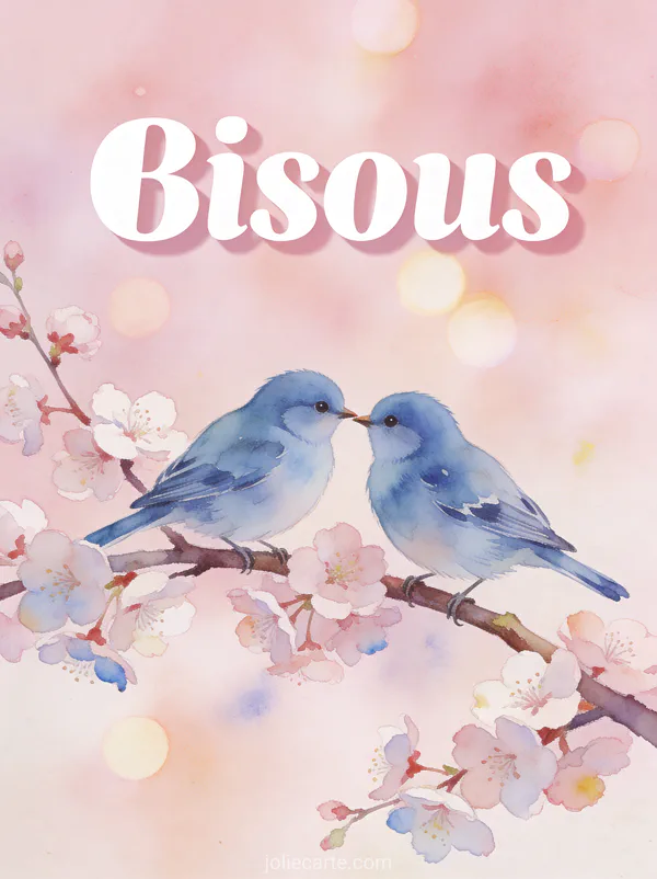 Deux mésanges bleues se donnant un bec sur une branche de cerisier en fleurs avec le texte Bisous