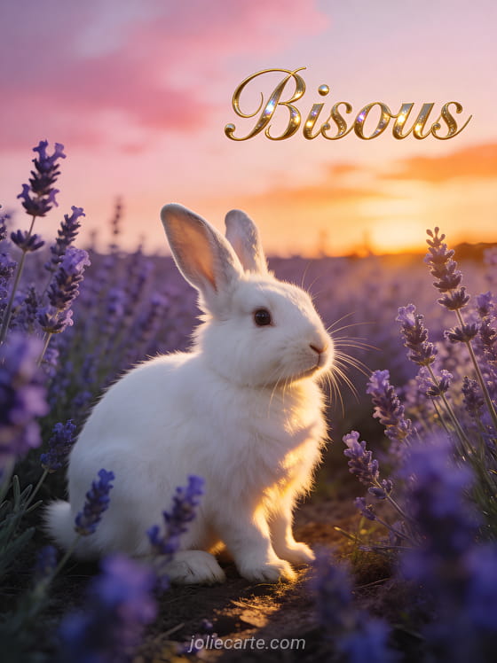 Lapin blanc duveteux assis dans un champ de lavande au coucher du soleil avec le texte Bisous