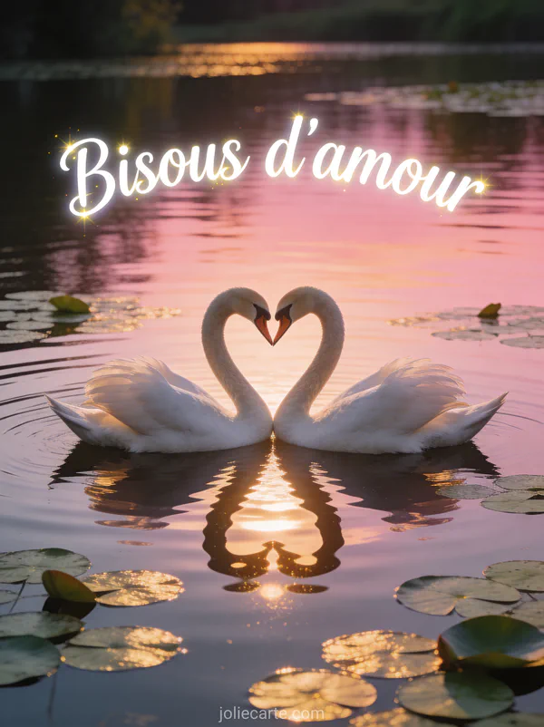 Deux cygnes formant un cœur avec leurs cous sur un lac au crépuscule avec le texte Bisous d'amour