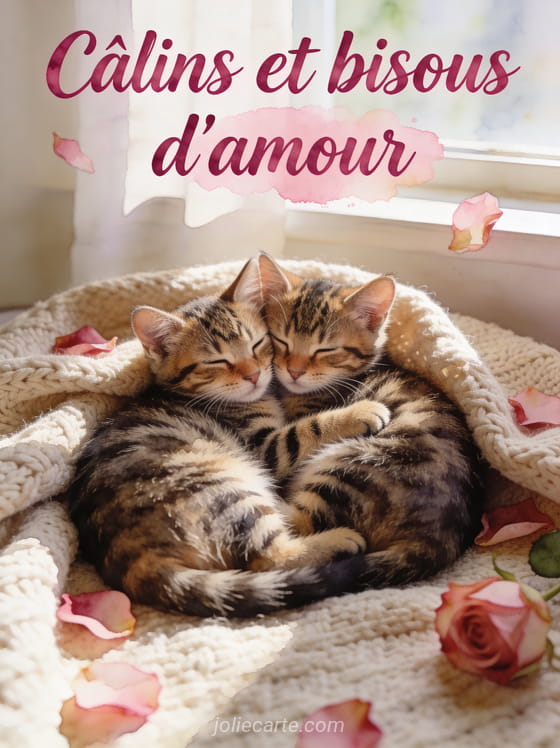 Deux chatons tigrés blottis sur un plaid beige entourés de pétales de rose avec le texte Câlins et bisous d'amour