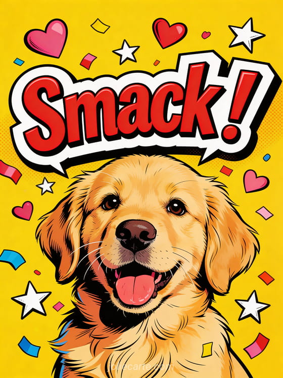 Chiot golden retriever joyeux entouré de confettis en forme de cœurs avec le texte Smack