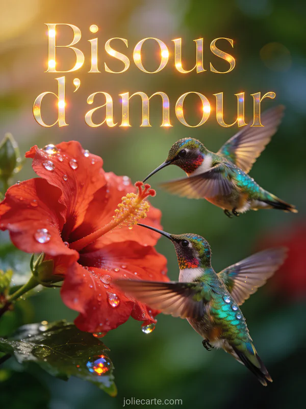 Couple de colibris aux plumes irisées près d'un hibiscus rouge avec le texte Bisous d'amour
