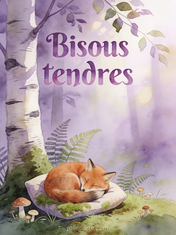 Renard roux endormi en boule sur un coussin de mousse au pied d'un bouleau avec le texte Bisous tendres