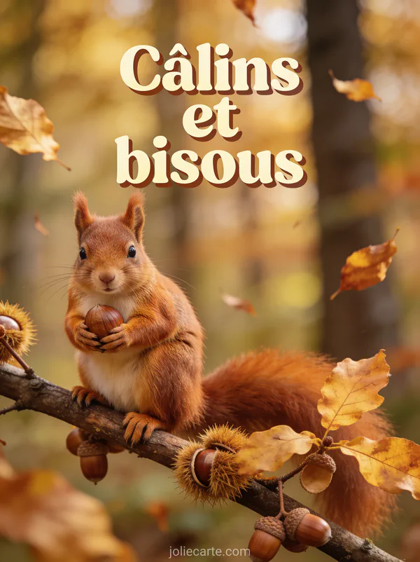 Écureuil roux serrant une noisette sur une branche de noisetier avec des feuilles dorées et le texte Câlins et bisous