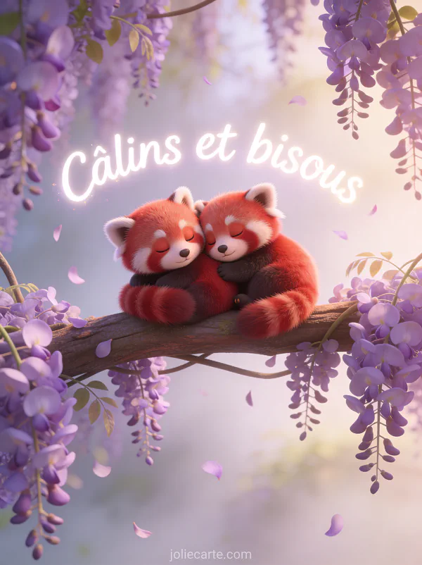 Deux pandas roux blottis sur une branche entourée de glycine mauve avec le texte Câlins et bisous