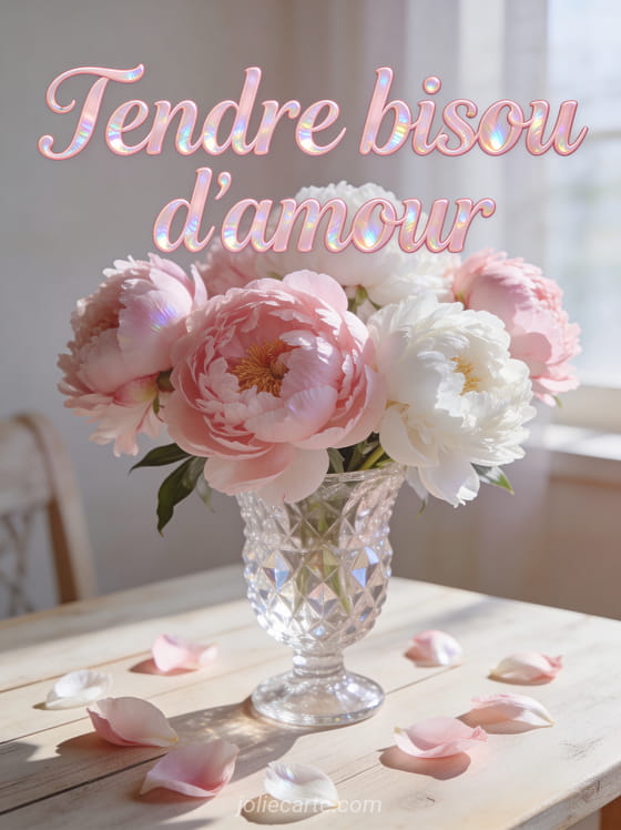 Bouquet de pivoines roses et blanches dans un vase en cristal avec pétales éparpillés et le texte Tendre bisou d'amour