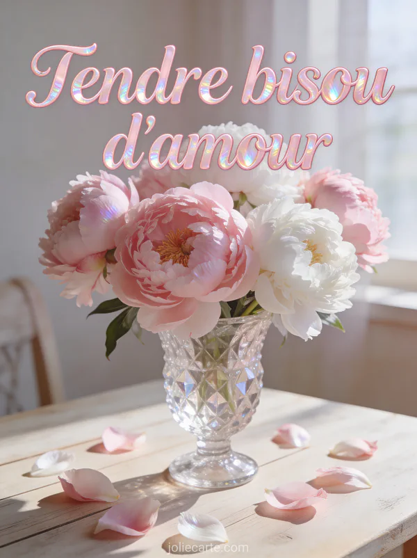 Bouquet de pivoines roses et blanches dans un vase en cristal avec pétales éparpillés et le texte Tendre bisou d'amour