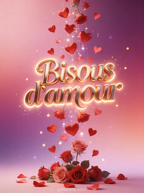 Cascade de cœurs rouges et roses tombant sur un fond dégradé rose avec le texte Bisous d'amour