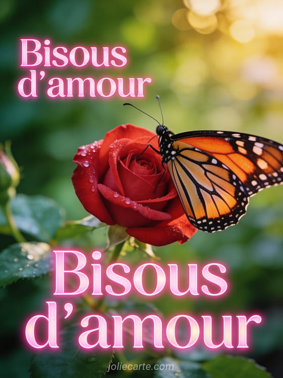 Papillon monarque posé sur une rose rouge veloutée avec rosée et le texte Bisous d'amour