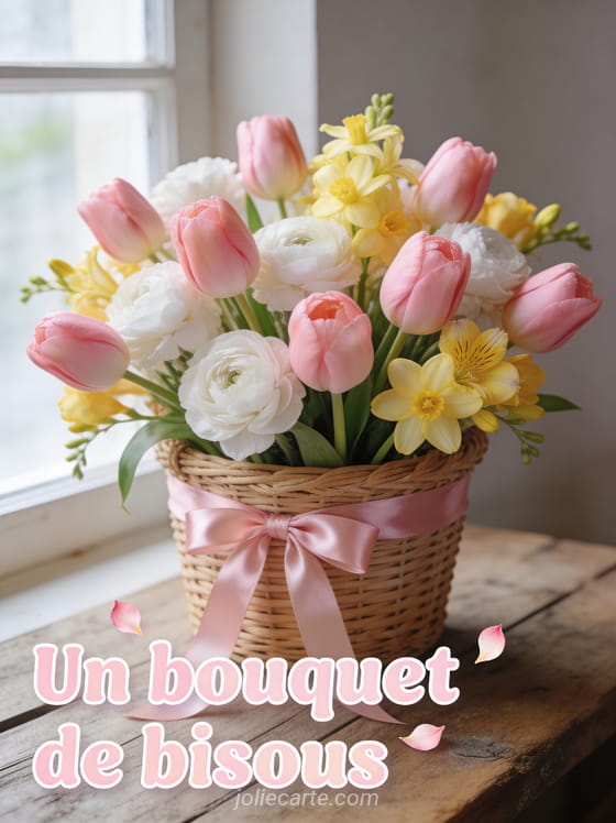 Bouquet de tulipes roses renoncules blanches et freesias jaunes dans un panier en osier avec le texte Un bouquet de bisous