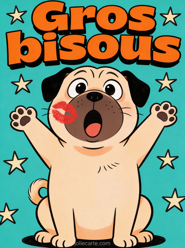 Carlin avec une trace de rouge à lèvres sur la joue et une expression surprise avec le texte Gros bisous