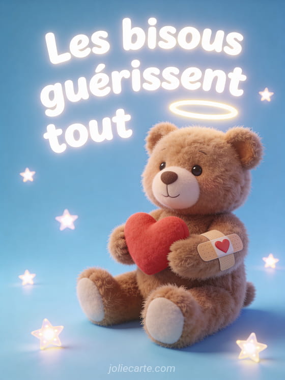 Petit ours en peluche brun tenant un cœur rouge avec un pansement en forme de cœur et le texte Les bisous guérissent tout