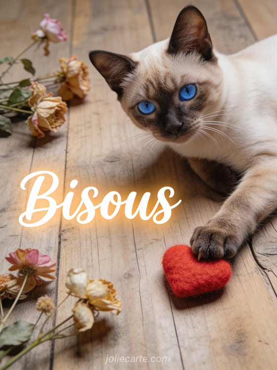 Chat siamois aux yeux bleus posant sa patte sur un petit cœur rouge en feutre avec le texte Bisous