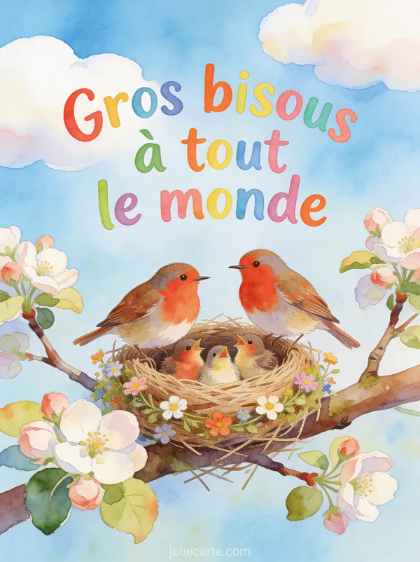 Famille de rouge-gorges dans un nid fleuri sur une branche de pommier en fleurs avec le texte Gros bisous à tout le monde
