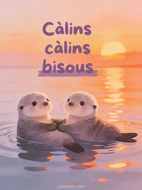 Deux loutres de mer flottant en se tenant les pattes au coucher du soleil avec le texte Câlins câlins bisous