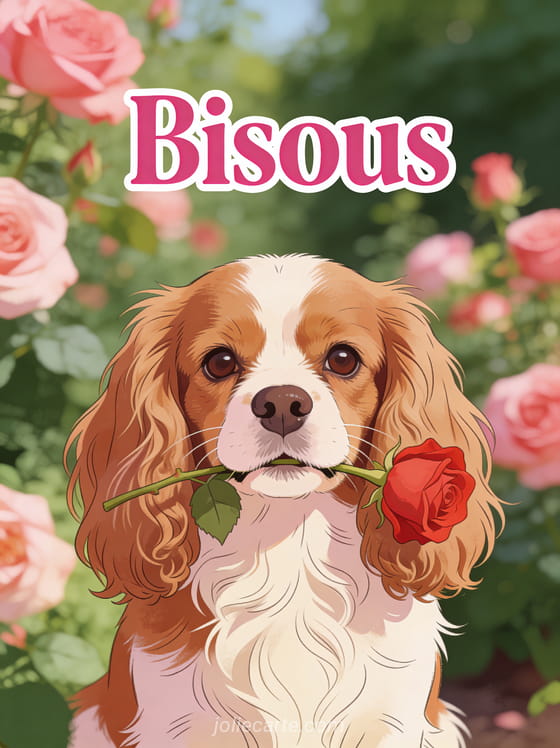 Chien cavalier king charles tenant une rose rouge dans la gueule avec un regard tendre et le texte Bisous