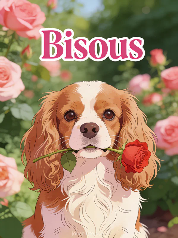 Chien cavalier king charles tenant une rose rouge dans la gueule avec un regard tendre et le texte Bisous