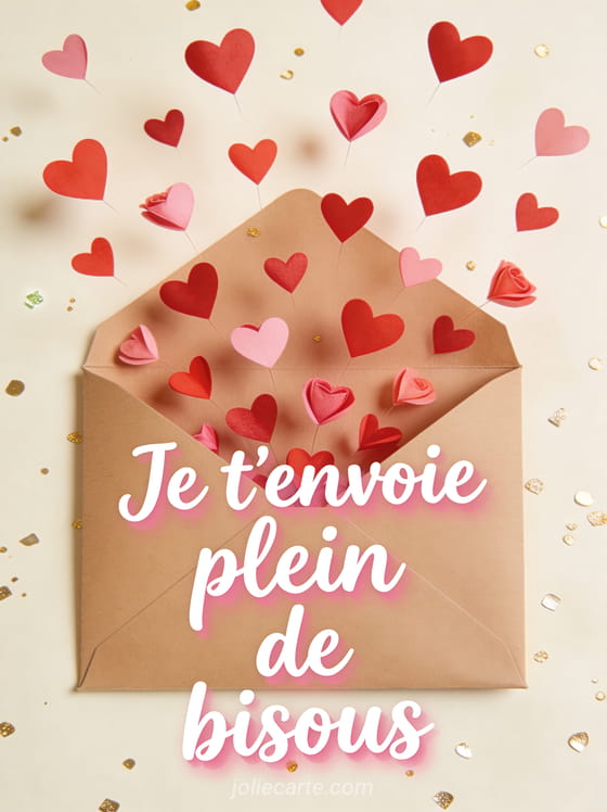 Petits cœurs rouges et roses s'envolant d'une enveloppe kraft ouverte avec le texte Je t'envoie plein de bisous