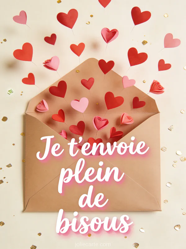 Petits cœurs rouges et roses s'envolant d'une enveloppe kraft ouverte avec le texte Je t'envoie plein de bisous