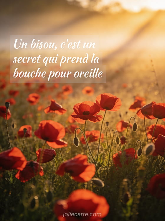 Champ de coquelicots rouges au lever du soleil avec brume matinale et la citation Un bisou c'est un secret qui prend la bouche pour oreille