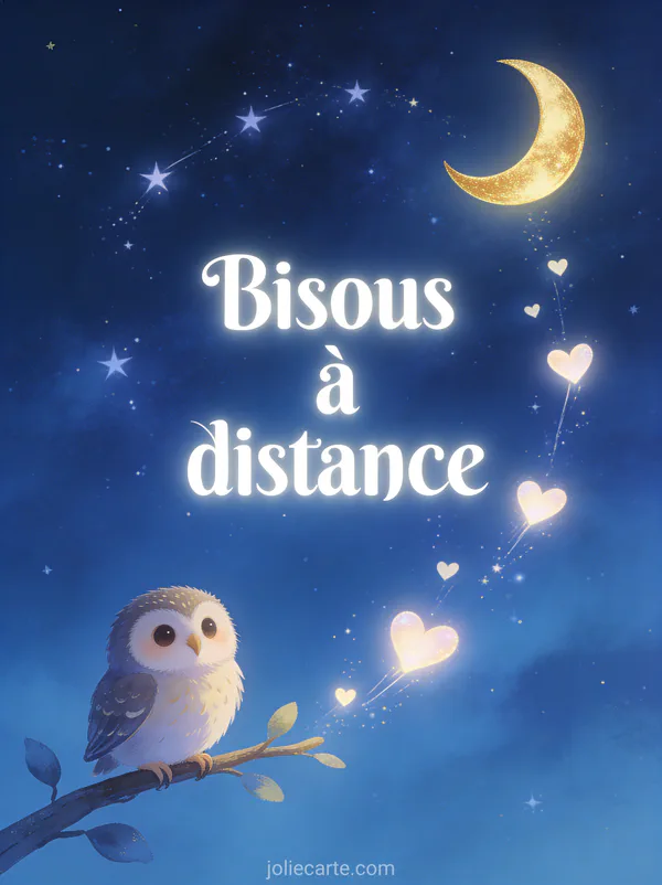 Chouette posée sur une branche sous un croissant de lune avec des cœurs lumineux et le texte Bisous à distance
