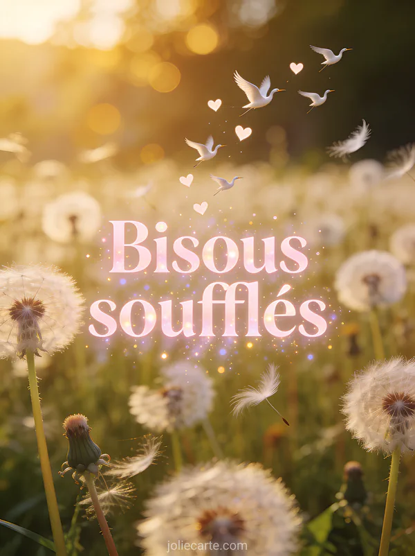 Pissenlits en graines dont les aigrettes forment des cœurs en s'envolant dans la lumière dorée avec le texte Bisous soufflés