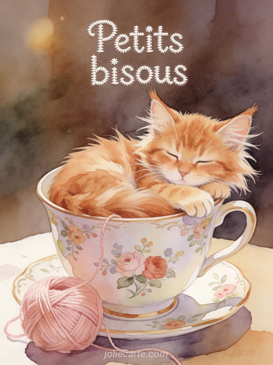 Chaton maine coon roux endormi dans une tasse de thé vintage à fleurs avec le texte Petits bisous