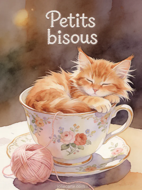 Chaton maine coon roux endormi dans une tasse de thé vintage à fleurs avec le texte Petits bisous