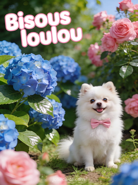 Petit spitz nain blanc avec un nœud papillon rose dans un jardin d'hortensias avec le texte Bisous loulou