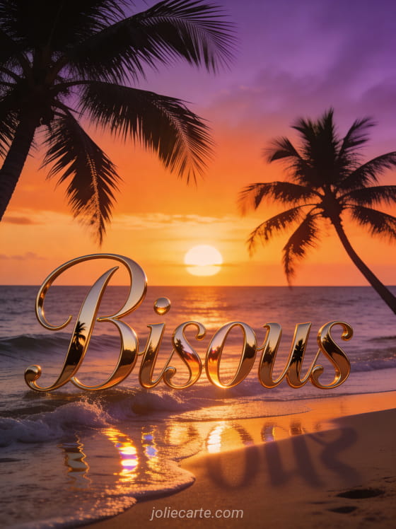 Coucher de soleil rose orangé sur la mer avec silhouette de palmiers et le texte Bisous