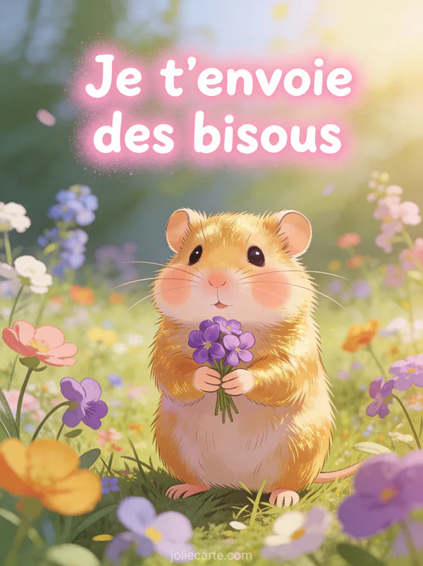 Hamster doré tenant un bouquet de violettes dans une prairie fleurie avec le texte Je t'envoie des bisous