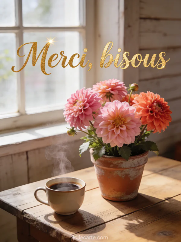 Bouquet de dahlias roses et corail dans un pot en terre cuite avec une tasse de café et le texte Merci bisous