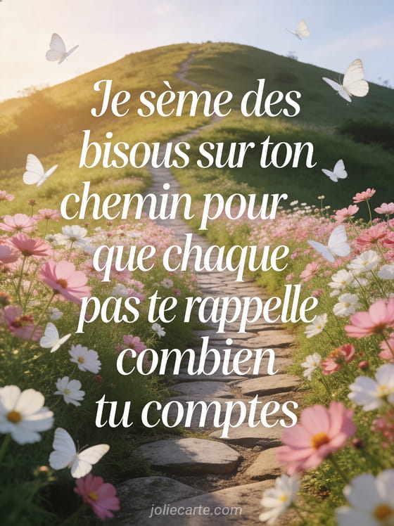 Sentier bordé de cosmos roses et blancs menant vers une colline avec papillons et le texte Je sème des bisous sur ton chemin