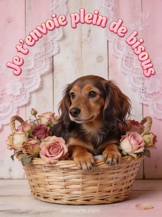Chiot teckel à poil long dans un panier en osier rempli de roses anciennes avec le texte Je t'envoie plein de bisous