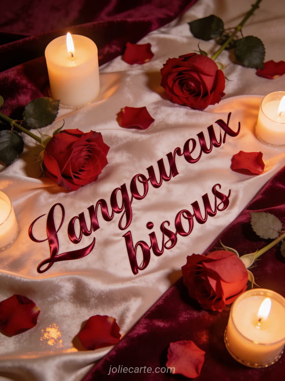 Roses rouges et bougies allumées sur du velours bordeaux avec pétales et le texte Langoureux bisous