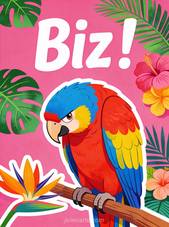 Perroquet ara coloré avec une expression espiègle sur fond tropical avec le texte Biz